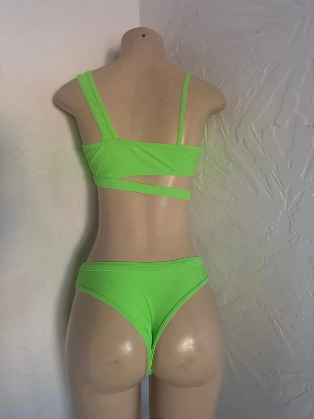 Neon Green Asymmetric Cutout Bikini Set - Women Swim S